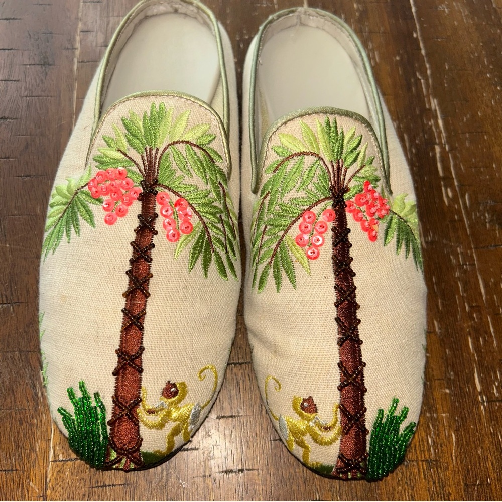 Canvas Palm Tree Embroidered Slip-On Flats - Natural